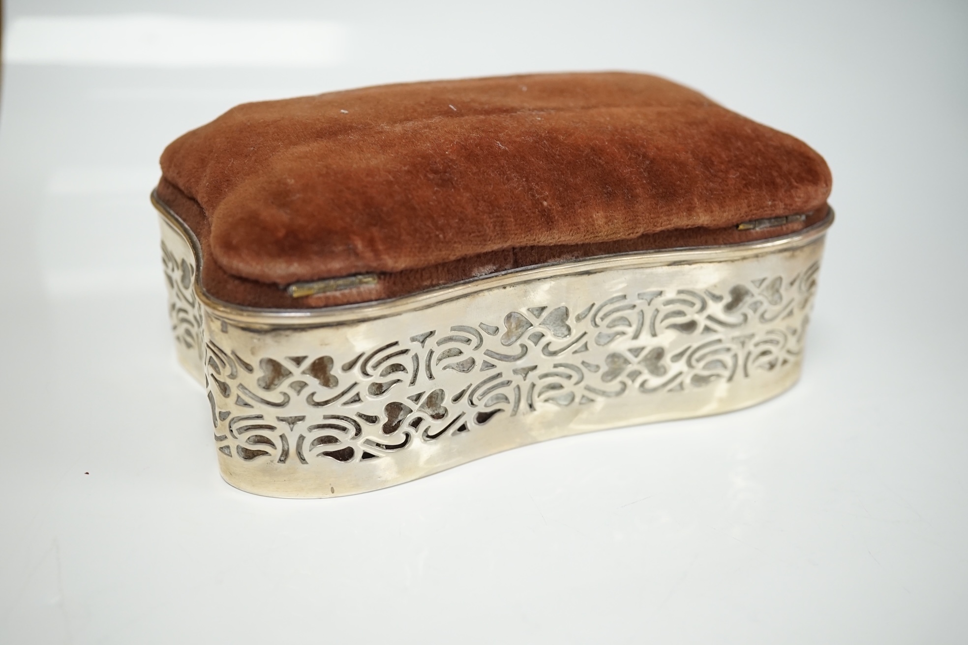 An Edwardian pierced silver mounted pin cushion/trinket box, by Henry Williamson Ltd, Birmingham, 1905, 12.8cm. Condition - poor